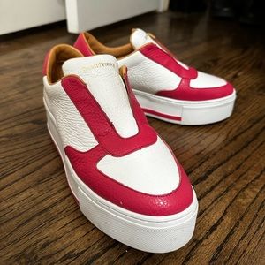 Russell & Bromley Park Ave Flatform Laceless Grained Leather Sneaker Red